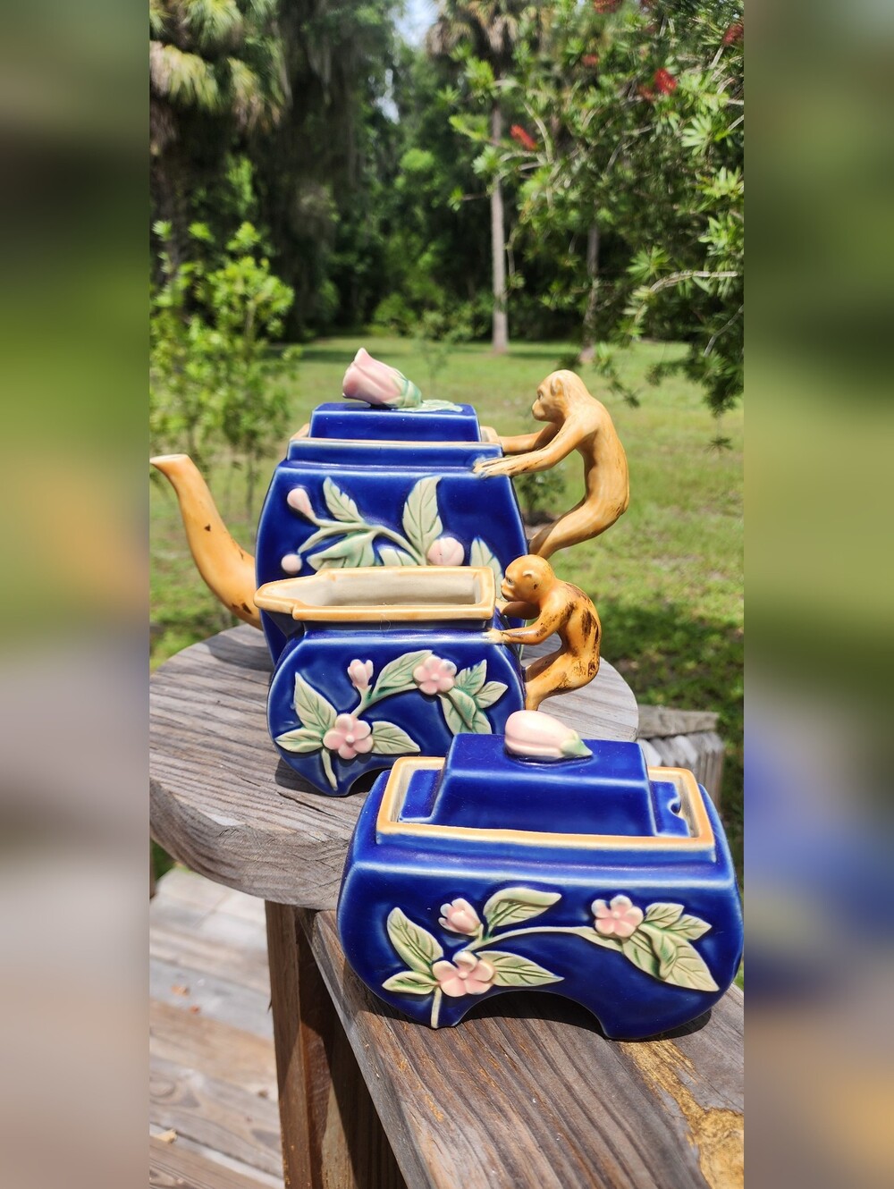 Henriksen Imports Majolica stoneware tea set featuring whimsical monkey handles
